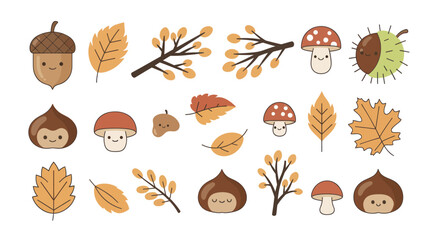 Cute Autumn Fall Elements Collection with Acorns Mushrooms Leaves. © Baru