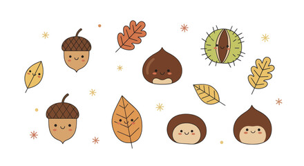 Cute Autumn Fall Season Elements Collection With Acorns And Leaves. © Baru