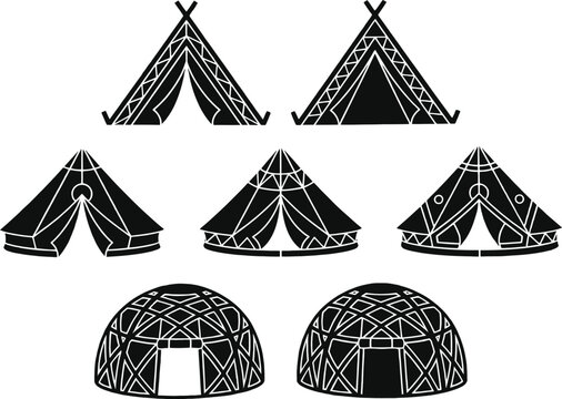 Set of black and white featuring various styles of traditional tents and dome shaped shelters with geometric patterns and triangular silhouettes isolated on a white background