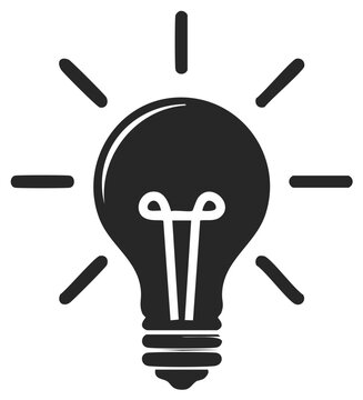 Black and white illustration of a light bulb with radiating lines symbolizing an idea