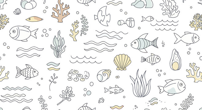 Cute Hand Drawn Underwater Sea Life Doodle Pattern.