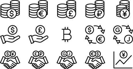 Fototapeta premium Set of black and white line featuring stacks of coins currency symbols hands holding money bitcoin exchange arrows shaking hands and a financial growth chart on a white background