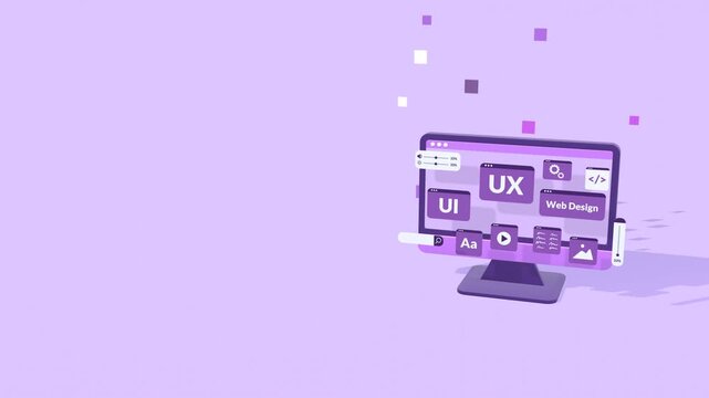 Animated UI, UX design concept with copy space for text, featuring a computer monitor surrounded by modern web elements illustrating UI, UX design and web development process.