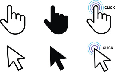 Obraz premium Set of computer mouse cursor and hand pointer with outline and solid black styles including click action symbols with blue ripple circles on a white background