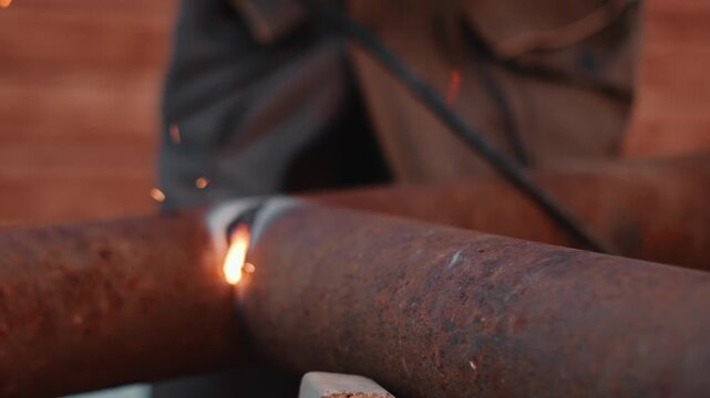 Home craftsman welds rusty steel pipe during outdoor repair project near country house. Warm lighting and glowing sparks showcase practical DIY skills and creative metalworking process.