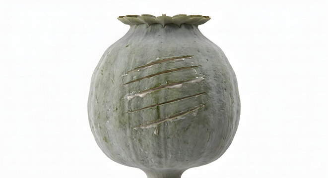 Detailed 3D Scientific Render of an Opium Poppy Seed Pod with Scoring Marks and Latex on a White Background