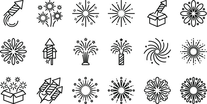 Set of eighteen black and white line depicting various fireworks explosions rocket launchers and pyrotechnic for celebrations and festivals isolated on a white background