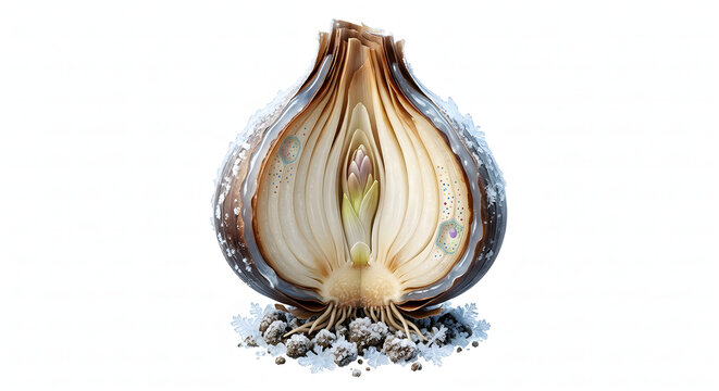 Scientific 3D Cross-Section of a Geophyte Bulb Insulating Against Winter Frost