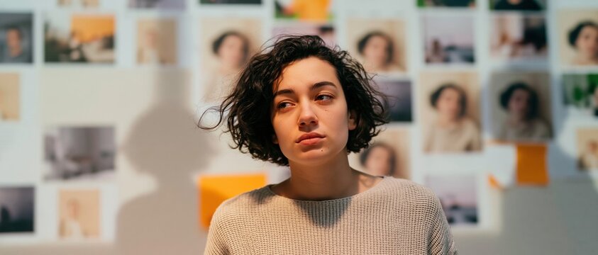 Young adult woman with an uncertain expression standing before a wall of identical portraits for digital culture essays, social media saturated content and identity concepts