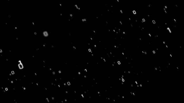 Video overlay template Minimal futuristic animation with glowing binary digits rising through dark space with soft floating motion and cyber data concept