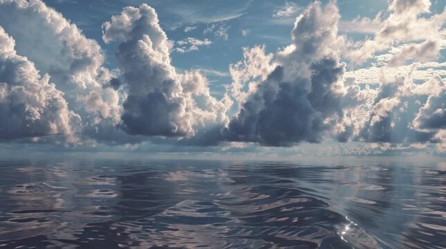 Serene ocean landscape with fluffy clouds on calm tranquil water