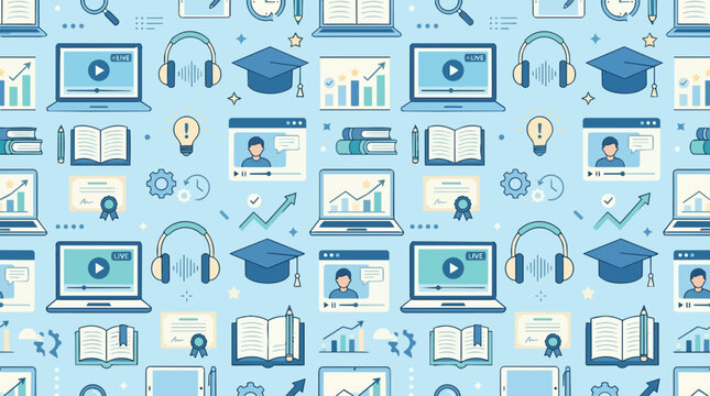 Online education and e-learning seamless pattern with laptops books and graduation caps vector illustration