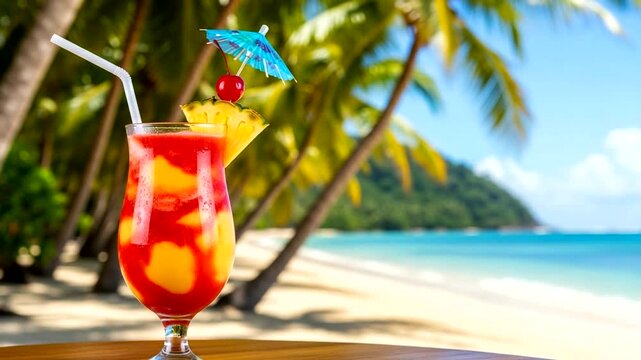 Tropical cocktail with fruit and umbrella by the beach