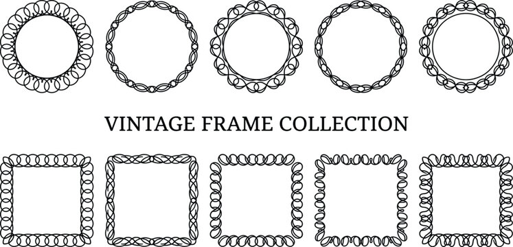 Set of ten black and white circular and square decorative frames with intricate looping line patterns isolated on a white background for borders and labels