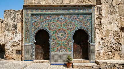 Naklejka premium Ornate Moroccan Mosaic Doorway with Intricate Geometric Patterns