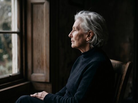 Lonely elderly woman looking out dark window, nostalgia and aging process concept