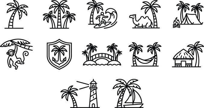 Set of twelve black line featuring tropical themes including palm trees a surfing person a camel a tent a monkey a shield with an anchor a bridge a hammock a beach hut a lighthouse and a boat