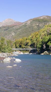 Parral, Maule Region - May 9, 2026: La Balsa sector, in the Parral mountain range, where the Longavi River flows through a valley surrounded by mountains and native forest.