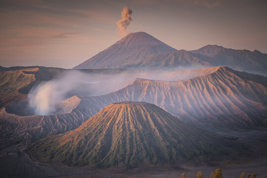 Breathtaking Bromo volcanic mountain view in Java right after long-awaited cold dawn, Indonesia