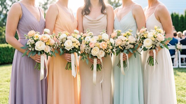 Five bridesmaids in colorful pastel gown holding elegant floral bouquet with rose, ranunculus and ribbon at sunny outdoor wedding venue.