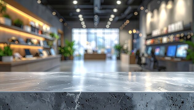 A blank gray counter and a blurred computer store backdrop are perfect for displaying or showcasing your products.