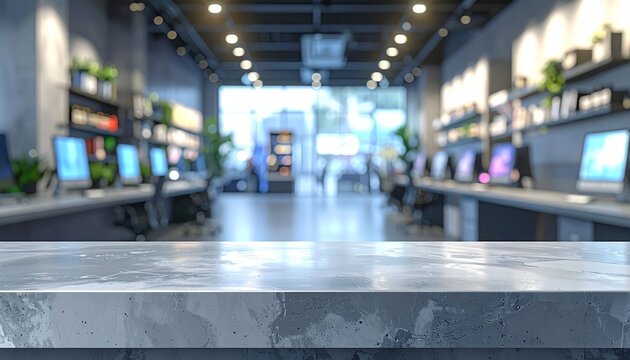 A blank gray counter and a blurred computer store backdrop are perfect for displaying or showcasing your products.