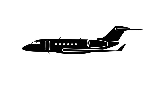Silhouette of a modern private jet airplane, vector illustration, isolated on white background