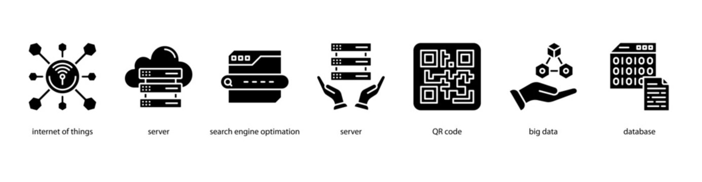 Smart Data Solutions web banner icon vector illustration featuring Internet of Things, Server, Search Engine Optimization, QR Code, Big Data, and Database.