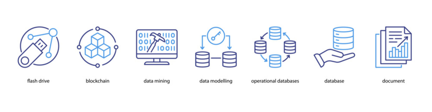 Digital Infrastructure web banner icon vector illustration featuring Flash Drive, Blockchain, Data Mining, Data Modelling, Operational Databases, Database, and Document.