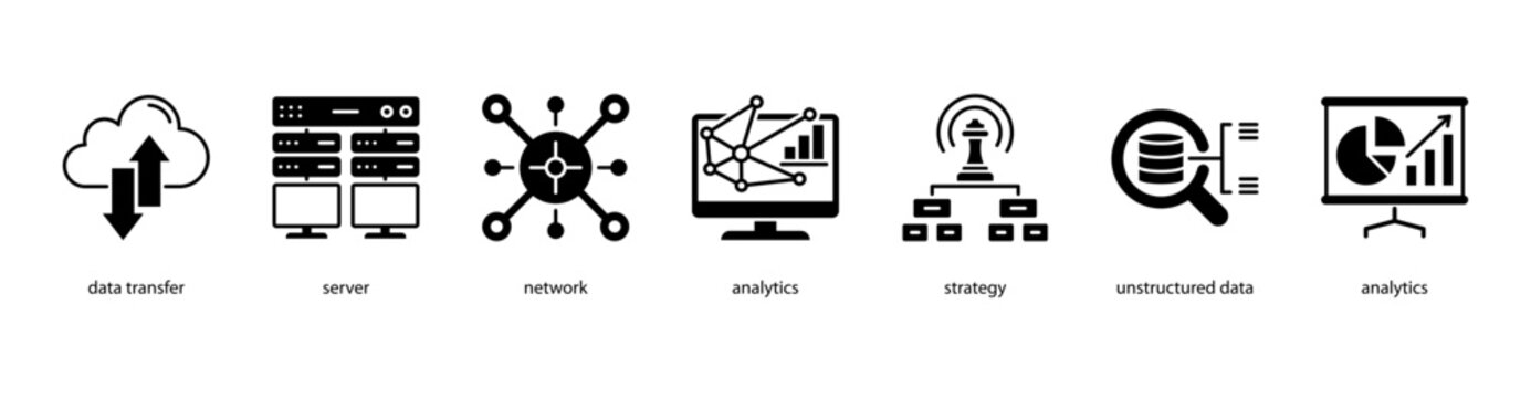 Advanced Analytics web banner icon vector illustration featuring Data Transfer, Server, Network, Analytics, Strategy, Unstructured Data, and Analytics.