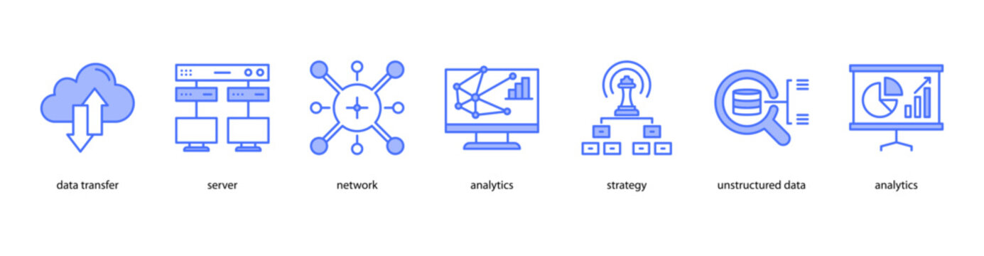 Advanced Analytics web banner icon vector illustration featuring Data Transfer, Server, Network, Analytics, Strategy, Unstructured Data, and Analytics.