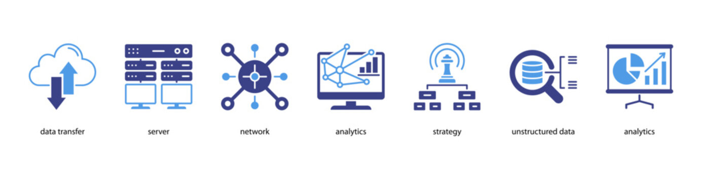 Advanced Analytics web banner icon vector illustration featuring Data Transfer, Server, Network, Analytics, Strategy, Unstructured Data, and Analytics.