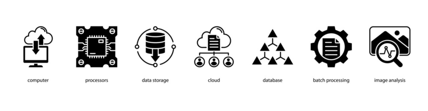 Cloud Computing web banner icon vector illustration featuring Computer, Processors, Data Storage, Cloud, Database, Batch Processing, and Image Analysis.