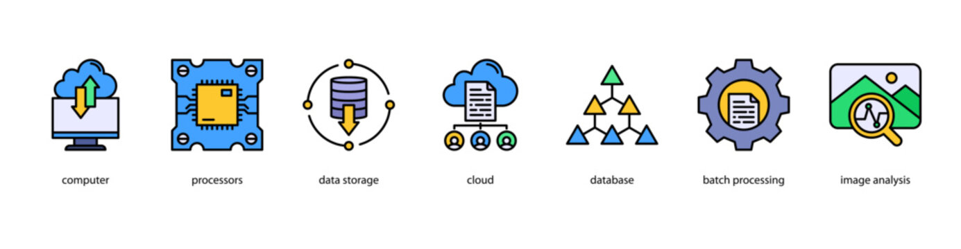 Cloud Computing web banner icon vector illustration featuring Computer, Processors, Data Storage, Cloud, Database, Batch Processing, and Image Analysis.