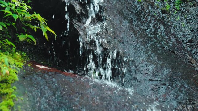 Clear Mountain Spring Water Flowing over Dark Volcanic Rock