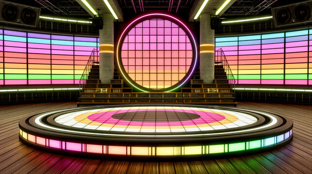 Lighting setup in a dance studio with colorful walls and a circular stage for events and performances at night