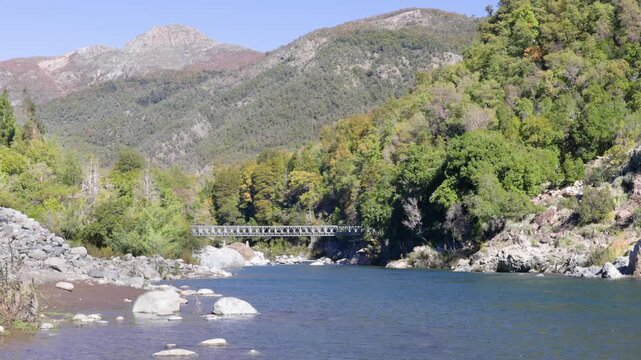 Parral, Maule Region - May 9, 2026: La Balsa sector, in the Parral mountain range, where the Longavi River flows through a valley surrounded by mountains and native forest.