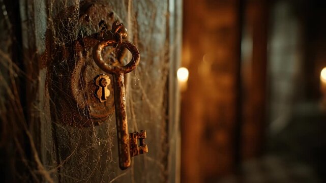Rusty skeleton key sways in cobwebbed lock of old wooden door with light