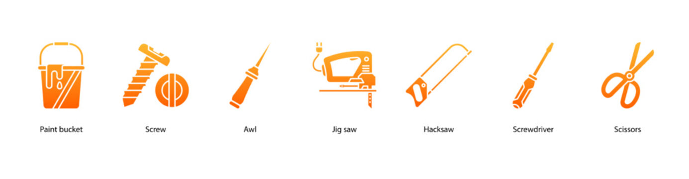 Cutting and Assembly web banner icon vector illustration featuring Paint Bucket, Screw, Awl, Jig Saw, Hacksaw, Screwdriver, and Scissors.
