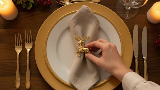 A hand setting a formal dinner table with gold utensils and candles