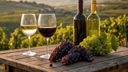 fermentation. Wine glasses with red and white varieties accompanied by ripe grapes on a wooden table. bar promotions, beverage menus, designed for food & beverage menus and cafe branding.