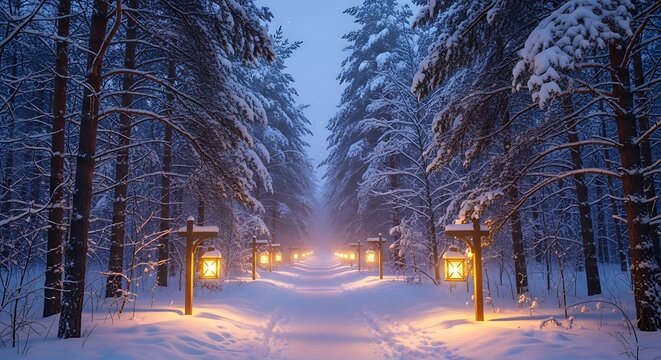 Magical winter forest path illuminated by lanterns at dusk with winter wonderland pine trees lanterns landscape enchanted tranquil atmosphere outdoors