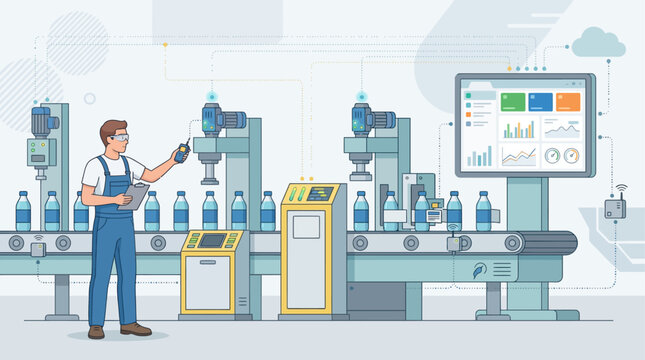 Isometric Factory Automation Concept with Worker Managing Bottling Line Production and Digital Dashboard Data Monitoring