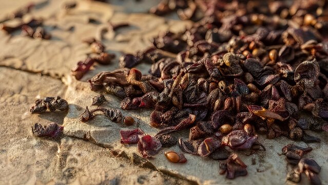 pomace. Dried grape pomace fragments scattered on sunlit stone slabs. menu design, packaging mockups, designed for culinary blogs and recipe cards for restaurants, used by videographers.