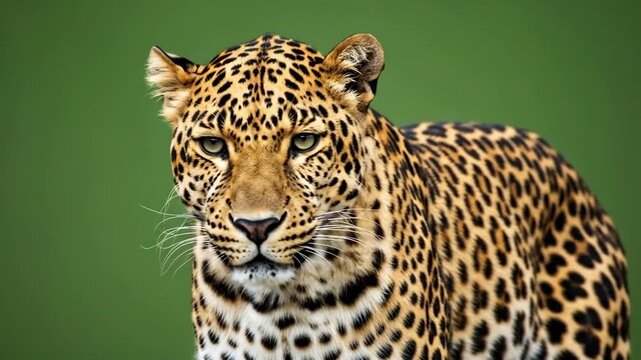 A close-up of a leopard standing in front of a green background