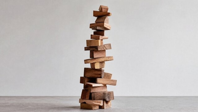 precarious. A precarious tower of wooden blocks stacked at unstable angles. lifestyle magazines, social media lookbooks, designed for lifestyle magazines and social media content.