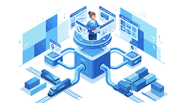 Isometric logistics and rail freight management system with digital interface and operator for supply chain control and monitoring