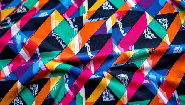 A vibrant quilt with a mosaic of geometric shapes in various colors. It's laid out flat, showcasing the detailed patchwork that creates the pattern on this fabric.