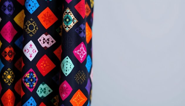 A close up of colorful quilted fabric with various patterns, featuring diamond shapes and motifs that are characteristic of quilting designs, displayed against a neutral background.