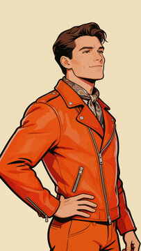 Retro Comic Style Male Portrait in Orange Biker Outfit